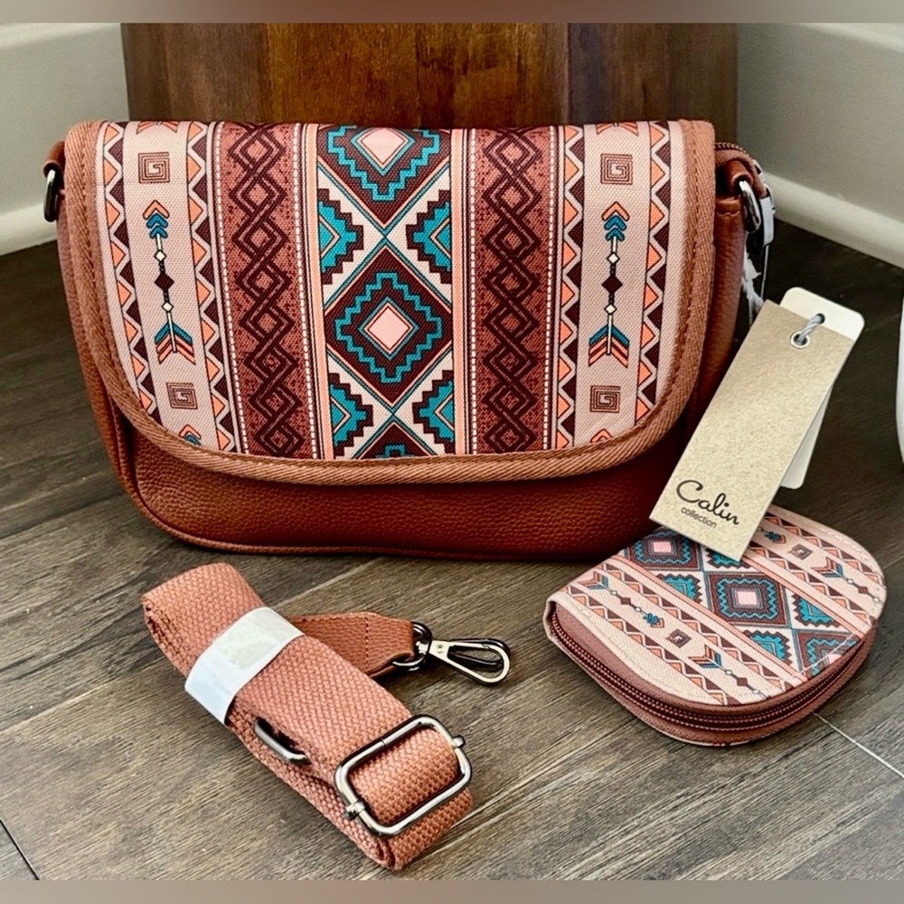 Calin Collection Aztec print,PU Leather,snap top,zip compartment, 11 card case